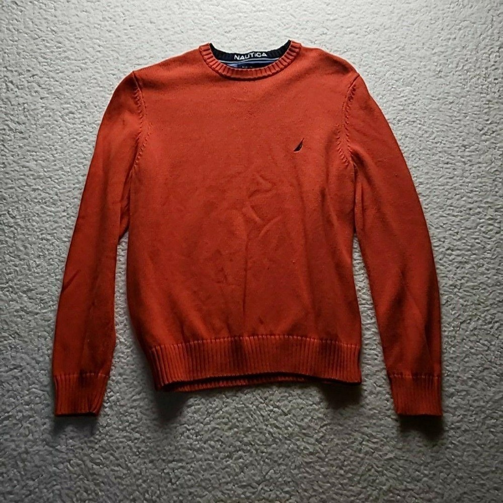 Nautica Sweater Mens Medium Orange 100% Cotton Crewneck Knit Pullover Logo